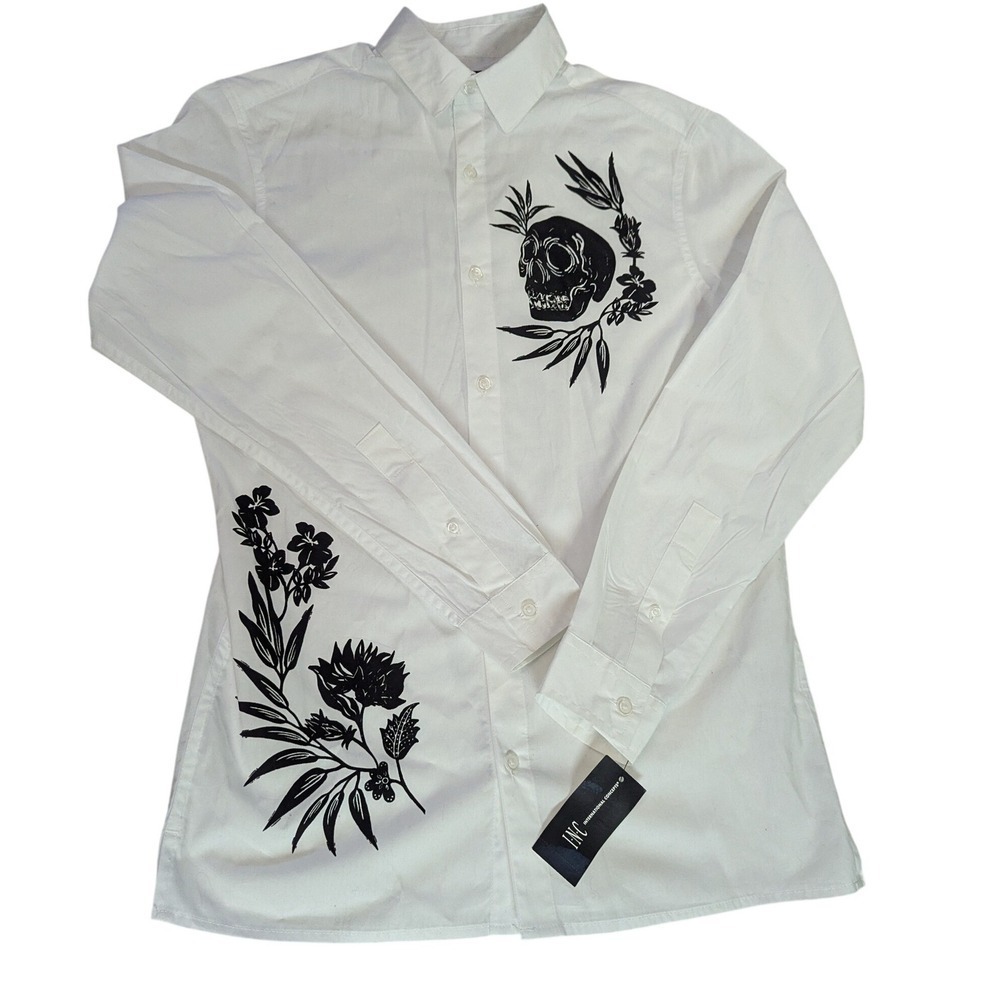 INC Pattern Play LS Shirt Mens XS Bright White Skull Flower Art Button Down NWT